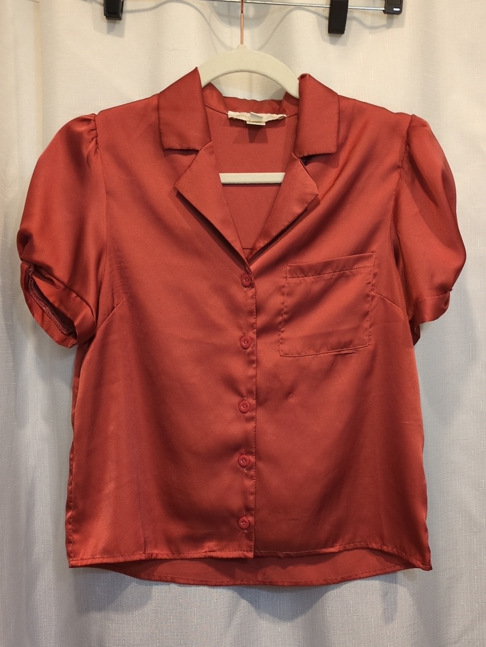 Short-Sleeve Satin Button-Down Blouse in Rust
